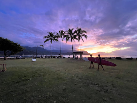 Kauai Stock Photo - Surfers at Hanalei Bay